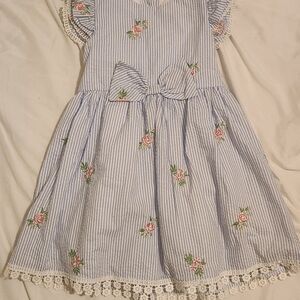 Rare Editions Blue and White Striped Dress with Floral Accents
